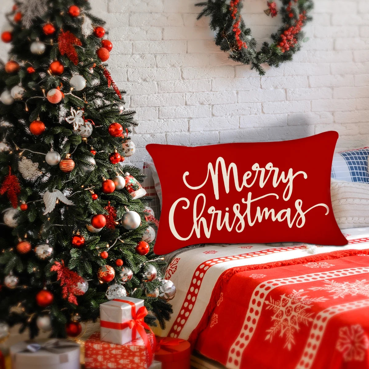 Merry Christmas Pillow Cover | Red Christmas Throw Pillow | Farmhouse Christmas Pillow | 12x20 Christmas Pillow Cover | Red Merry Christmas Decor | Holiday Farmhouse Pillow Cover | Christmas Sofa Pillow Cover