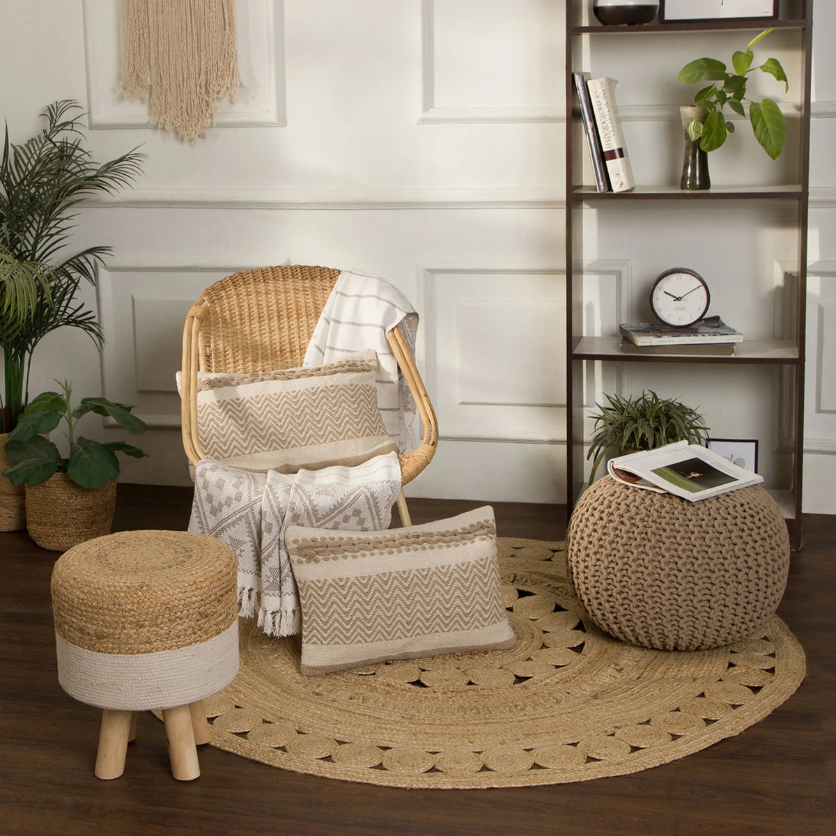 Round Beige Cotton Pouf | 19.5in Knitted Ottoman | Beige Boho Pouffe | Cotton Cable Knit Footrest | Round Knitted Footstool | Beige Cotton Ottoman Pouf | Boho Round Pouf Ottoman | Hand Knitted Cotton Pouf