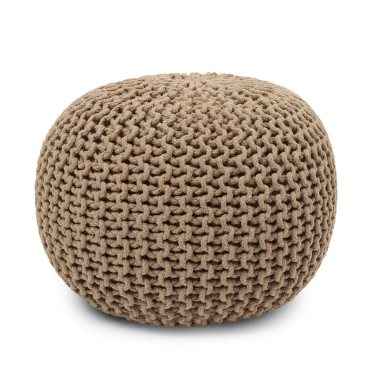 Round Beige Cotton Pouf | 19.5in Knitted Ottoman | Beige Boho Pouffe | Cotton Cable Knit Footrest | Round Knitted Footstool | Beige Cotton Ottoman Pouf | Boho Round Pouf Ottoman | Hand Knitted Cotton Pouf